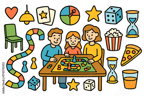 Colorful Board Game Icons. Board Games. Colorful Hand-drawn doodle Children illustration dice, board game, game pieces, spinner, cards, table, chair, timer,