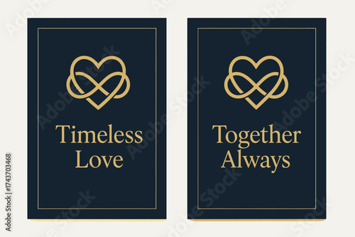 Eternal Love Banners. Eternity. Two vertical A6 banners with safe margins, centered composition, no elements touching edges, modern minimal, navy and gold,