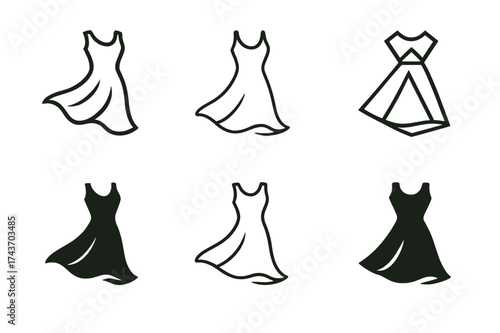 Summer Dress Logos Grid. Summer dress against green backdrop. Set Logo of Summer dress against green backdrop: Flowing hem in motion. harmonious logo