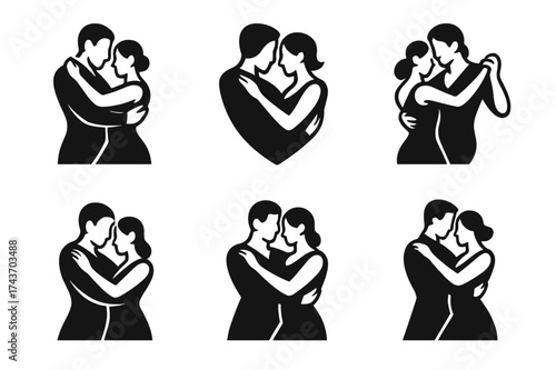 Tango Dance Logos Grid. Dance as a form of stress relief and relaxation. Set Logo of Dance as a form of stress relief and relaxation: Tango couple (embrace).