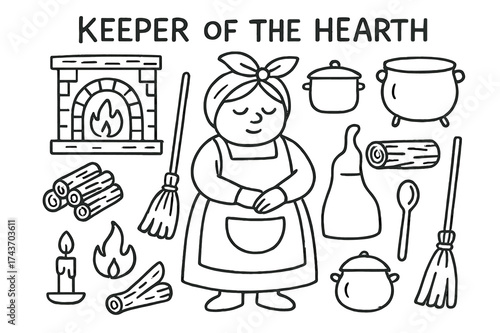 Hearthkeeper Doodle Icons. Keeper of the Hearth. Hand-drawn doodle illustration keeper of the hearth fireplace, hearth, firewood, kettle, cauldron, cooking