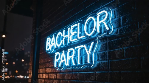 blue neon bachelor party sign on brick wall