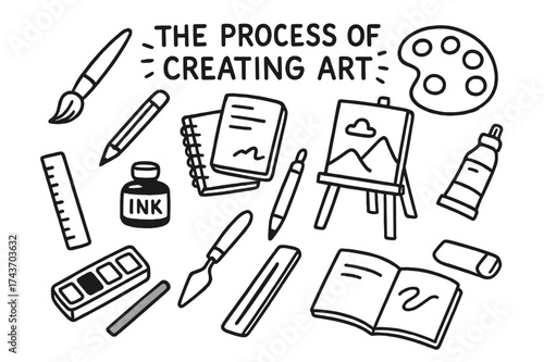 Art Creation Essentials. The Process of Creating Art. Hand-drawn doodle illustration the process of creating art paintbrush, pencil, palette, easel, canvas,
