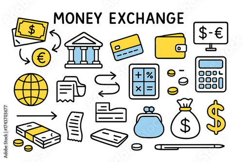 Currency Exchange Icons. Money Exchange. Hand-drawn doodle illustration money exchange currency notes (accented), coins, bank building (accented), credit card,
