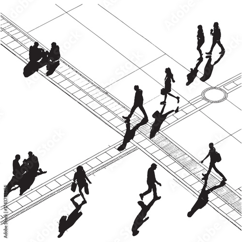 Simple CAD-style human outlines viewed from top view, including people sitting, walking and running in various poses. Clean black line contours on light grey background, no shading, no gradients