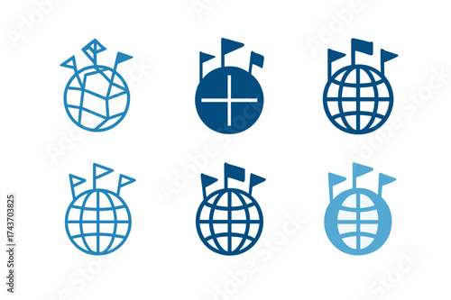 Global Citizenship Icons. Citizenship applications. Set Logo of Citizenship applications: Globe with flag pins. harmonious logo variations of the