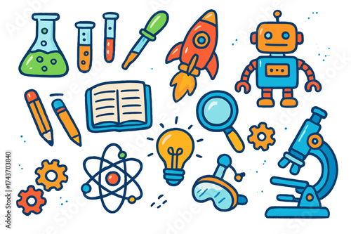 Science Doodle Icons. Experiment. Colorful Hand-drawn doodle Children illustration Flask, test tube, beaker, pipette, magnifying glass, notebook, pencil,