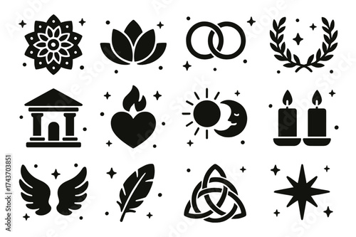 Sacred Union Icons. Sacred Union. Solid icons set of Sacred Union: mandala, lotus flower, intertwined circles, laurel wreath, temple arch, heart flame, sun and