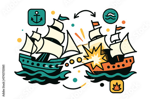 Naval Clash. Naval conflicts. Glowing warships with sails and cannons clashing at sea. Floating icons of anchor, wave, and explosion showing maritime power.