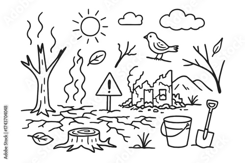 Fire Aftermath Doodles. Aftermath of Fire. Hand-drawn doodle illustration Aftermath of Fire burned tree, ashes, smoke, cracked earth, sun, house ruins, bird,