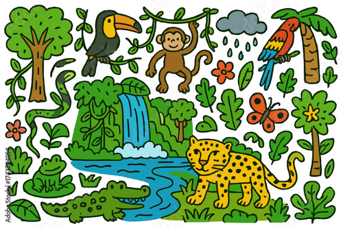 Rainforest Creatures Doodle. Rainforest. Colorful Hand-drawn doodle Children illustration Rainforest dense trees, vines, toucan, monkey, jaguar, waterfall,