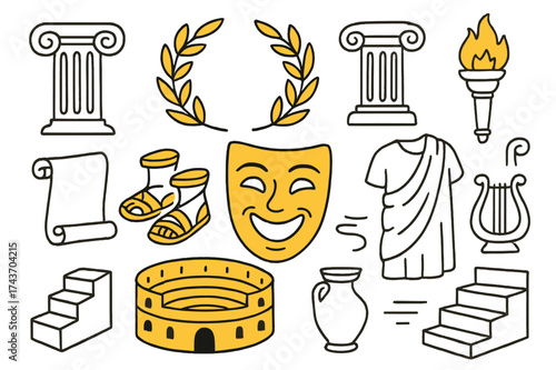 Greek Theater Icons. Classical Theater. Hand-drawn doodle illustration Greek mask (colored), columns, laurel wreath (colored), scroll, sandals (colored), toga,