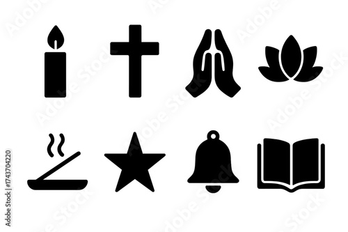 Faith Icon Set. Faith and ritual. Filled icon set of Faith and ritual: candle, cross, prayer hands, lotus