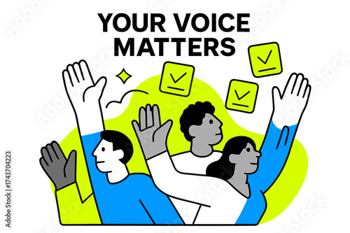 Unity for Democracy. Democracy in Action. People raising hands together with glowing abstract ballot icons