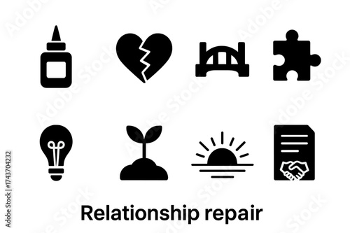Relationship Repair Icons. Relationship Repair. Filled icon set of Relationship Repair: glue bottle, stitched