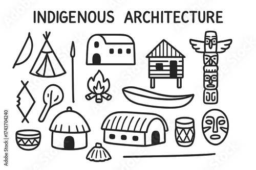 Indigenous Architectural Icons. Indigenous Architecture. Hand-drawn doodle illustration Indigenous Architecture tipi, adobe house, stilt house, hut, longhouse,
