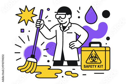 Glowing Laboratory Cleanup. Laboratory Cleanup. A glowing mop and safety kit near spilled hazardous liquid, abstract floating spark and droplet icons