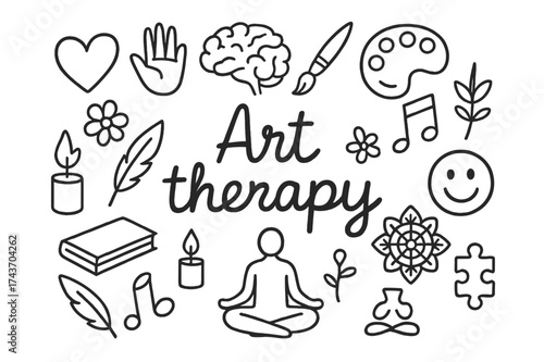 Art Therapy Doodle. Art therapy. Hand-drawn doodle illustration of Art therapy. Heart, hands, brain,