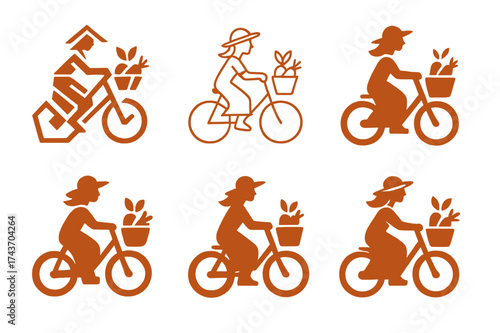 Women Entrepreneurship Logos. Women entrepreneurs in rural areas. Set Logo of Women entrepreneurs in rural areas: Farm-to-table delivery bicycle. harmonious