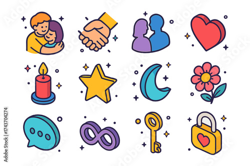 Closeness Vector Icons. Closeness. Colorful isometric vector icons set of closeness: hug, hand holding, heart, couple silhouette, candle, star, moon, flower,