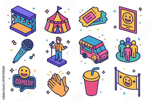 Colorful Comedy Festival Icons. Comedy Festival. Colorful isometric vector icons set of Comedy Festival: stage with lights, comedy tent, tickets, poster flyer,