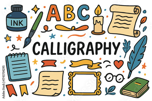 Colorful Calligraphy Doodles. Calligraphy. Colorful Hand-drawn doodle Children illustration Brush pen, ink bottle, scroll, notebook, feather quill, alphabet
