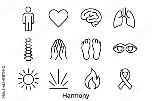 Balanced Harmony Icons. Harmony. Line outline icon set of Harmony: human silhouette, heart, brain, lungs,