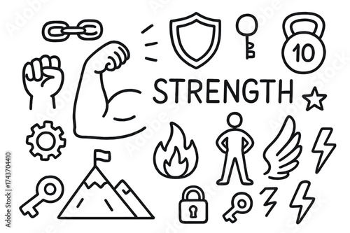 Strength Symbols Doodle. Strength. Hand-drawn doodle illustration Strength flexed arm, chain, fist, shield, weight, gear, mountain, star, key, padlock, person