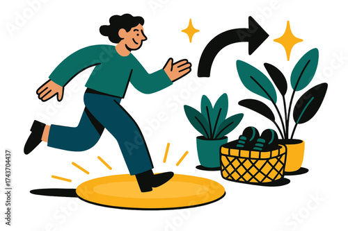 Welcoming Entryway Scene. Entryway texture. Glowing rug placed near woven basket for shoes and plants. Floating arrow and sparkle icons showing welcoming