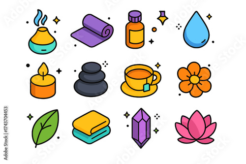 Wellness Icon Set. Wellness. Colorful isometric vector icons set of wellness: diffuser, yoga mat, essential oil bottle, water droplet, candle, massage stone,
