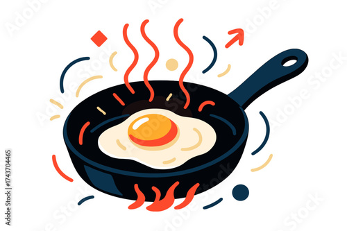 Glowing Egg Fry. Egg in pan. Glowing egg frying in a pan, abstract floating heat lines and geometric shapes highlighting cooking process. Modern flat vector