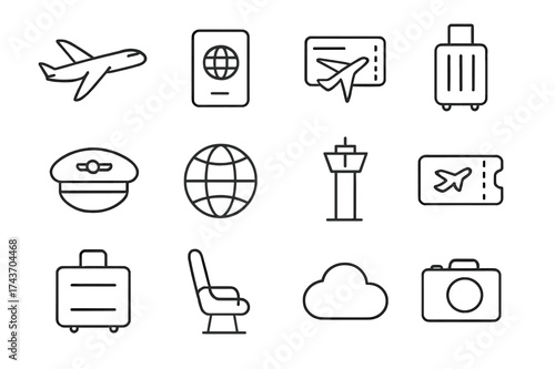 Air Travel Icons. Air Travel. Line outline icon set of Air Travel: airplane, passport, boarding pass, luggage,