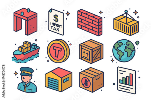 Trade Protection Icons. Trade Tariffs and Protectionism. Colorful isometric vector icons set of Trade Tariffs and Protectionism: customs gate, import tax