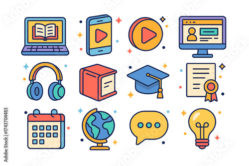 On-Demand Education Icons. On-Demand Education Platforms. Colorful isometric vector icons set of on-demand education platforms: laptop, smartphone, video play