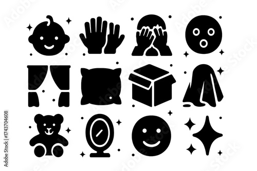 Peekaboo Icon Set. Peekaboo. Solid icons set of Peekaboo: baby face, open hands, hiding behind hands, surprised face, curtain, pillow, box, blanket, toy,