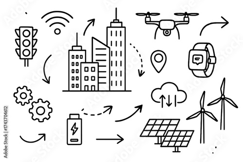 Smart City Innovations. Smart city developments. Hand-drawn doodle illustration smart city developments high-rise, traffic light, wifi hotspot, smart watch,