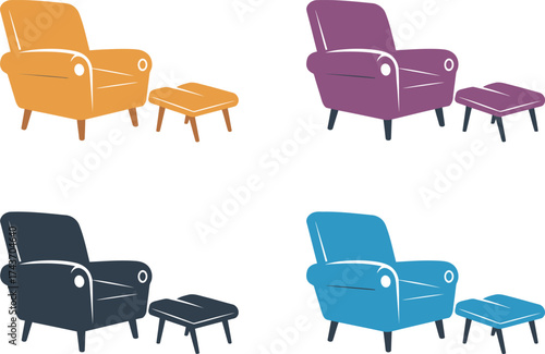 Set of Colorful Armchairs with Ottomans