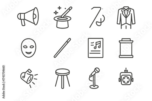 Performance Props Icons. Performance props. Line icon set of performance props: megaphone, hat, wand, costume, mask, baton, sheet music, podium, spotlight,