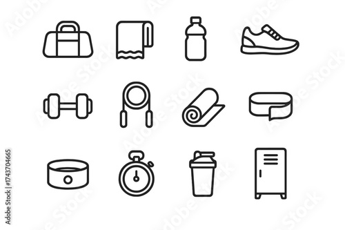 Gym Accessory Icons. Gym Accessories. Line icon set of Gym Accessories: gym bag, towel, water bottle, sneakers, dumbbell, jump rope, yoga mat, resistance band,