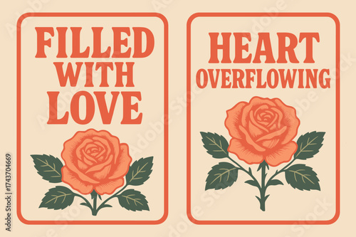 Retro Love Banners. Filled With Love. Two vertical A6 banners with safe margins, centered composition, no elements touching edges, retro style, coral and