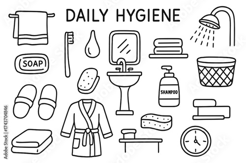 Daily Hygiene Doodle. Daily Hygiene. Hand-drawn doodle illustration Daily Hygiene towel, soap, water drop, toothbrush, sink, mirror, slippers, robe,