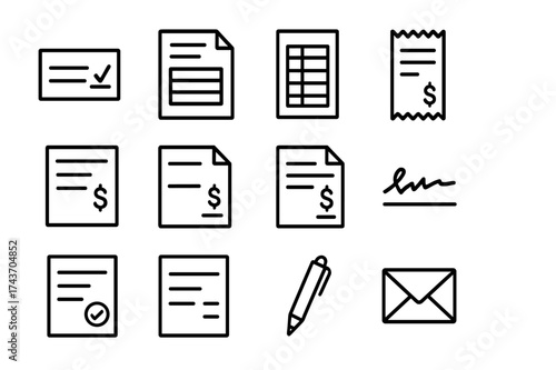Financial Document Icons. Financial documents. Line icon set of Financial documents: check, invoice, ledger, receipt, bank statement, deposit slip, withdrawal