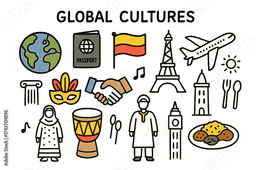 Cultural Fusion Globe. Global Cultures. Hand-drawn doodle illustration globe (colored), passport, flag (colored), airplane, landmark (colored), handshake,