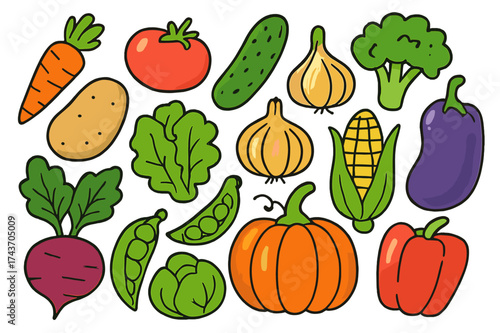 Colorful Vegetable Doodles. Vegetables. Colorful Hand-drawn doodle Children illustration Carrot, tomato, cucumber, broccoli, potato, onion, garlic, lettuce,