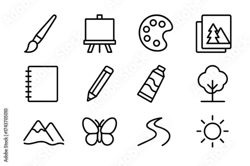 Creative Outdoors Icons. Creative Outdoors. Line icon set of Creative Outdoors: paintbrush, easel, palette, canvas, sketchbook, pencil, paint tube, tree,
