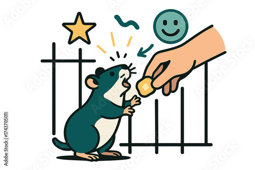 Interactive Hamster Feeding. Interactive feeding. Hamster standing on hind legs reaching for glowing treat offered by hand through cage bars. Floating star and
