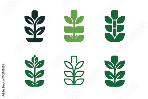 Vertical Farming Logos. Plant expansion plan. Set Logo of Plant Expansion: vertical farming tower. harmonious logo variations of the same emblematic concept,