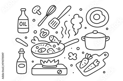 Kitchen Cooking Doodles. Cooking Scene. Hand-drawn doodle illustration Cooking Scene frying pan, stove, spatula, spoon, whisk, oil bottle, bubbles, flame,