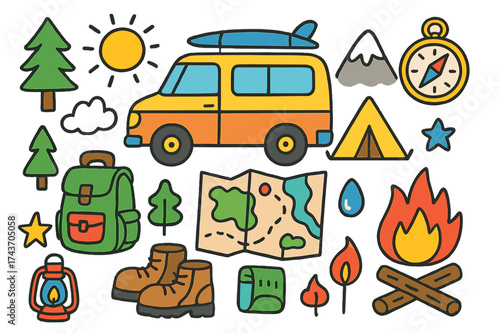 Adventure Van Doodles. Adventure Van. Colorful Hand-drawn doodle Children illustration camper van, mountain, compass, map, backpack, boots, lantern, campfire,