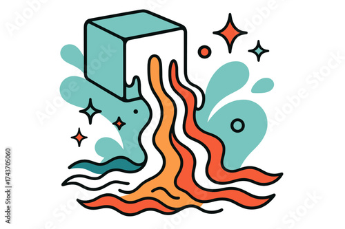 Ice Cube Transforming. Melting into flow. A large ice cube transforming into glowing streams of water, abstract sparkles and waves floating showing fluid